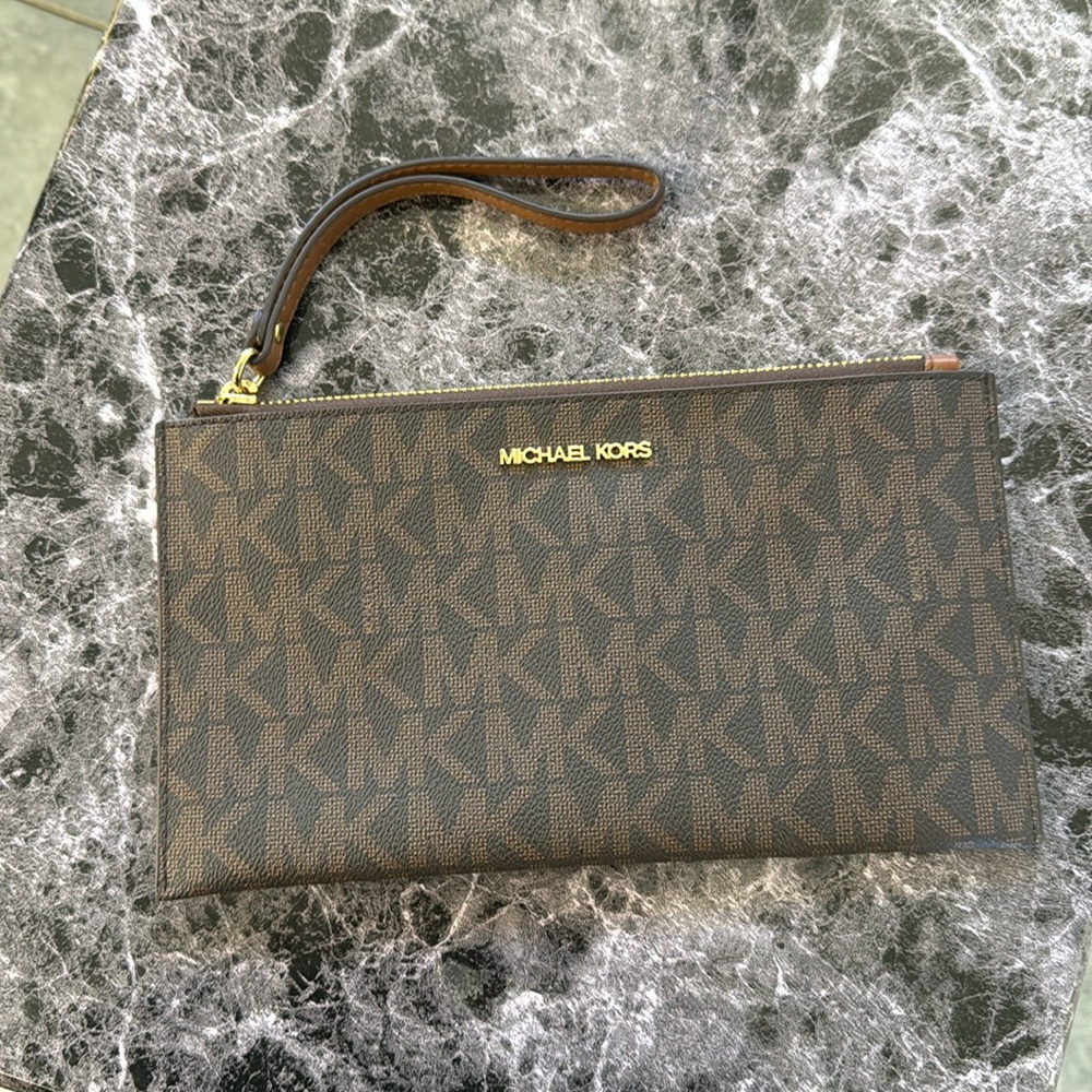 Michael Kors brown and black wristlet wallet